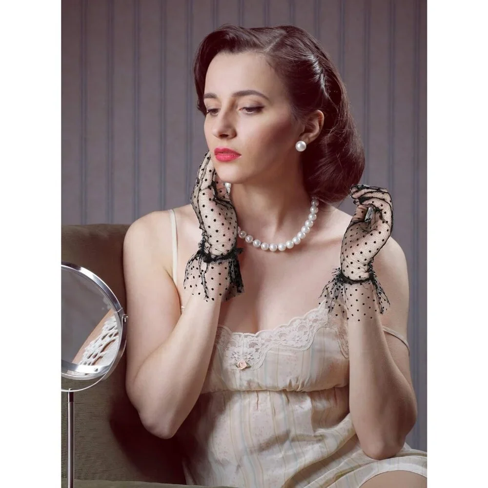 Women's Evening Black Elegant Polka Dot Mitten Lace Gloves Party Tea Accessories